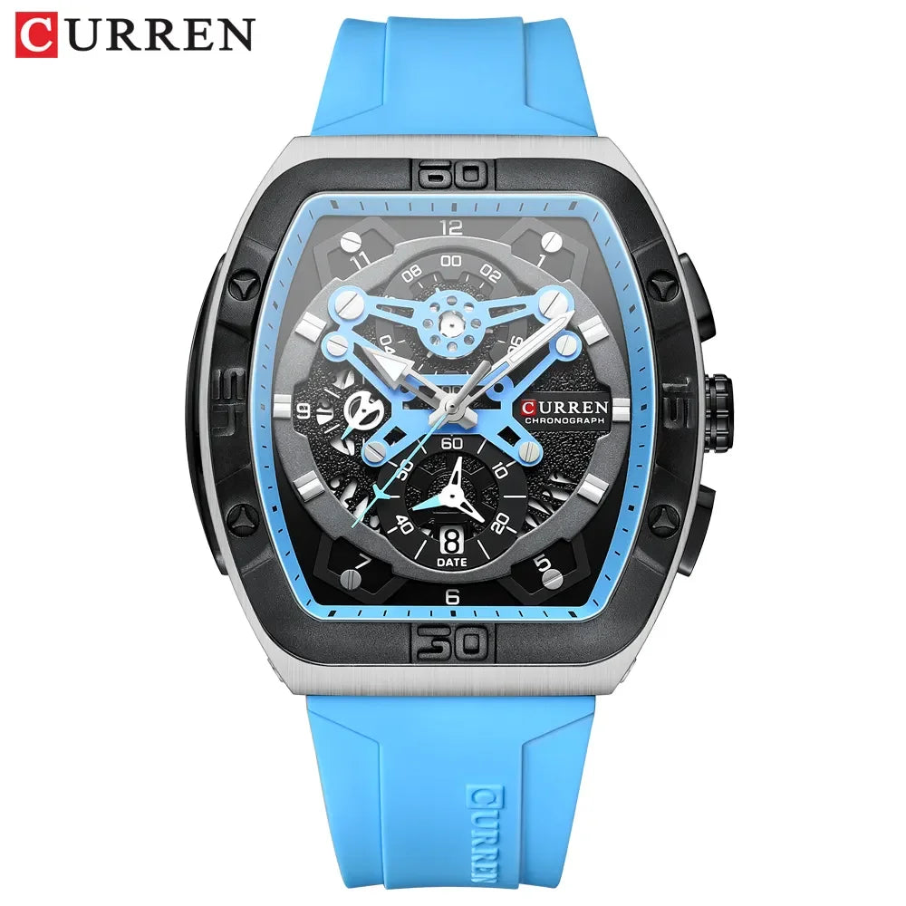 CURREN 8443 Brand Men Unique Tonneau Watches Large Dial Casual Quartz Silicone Strap Wrist Watches With Luminous for Male