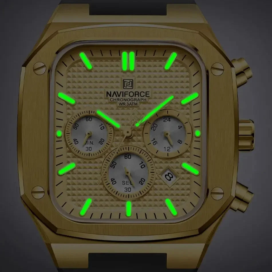 NAVIFROCE 8032 New Square Multifunction Dial Waterproof Mens Sport Quartz Watches Silicone Strap Fashion Gold Watch for Men