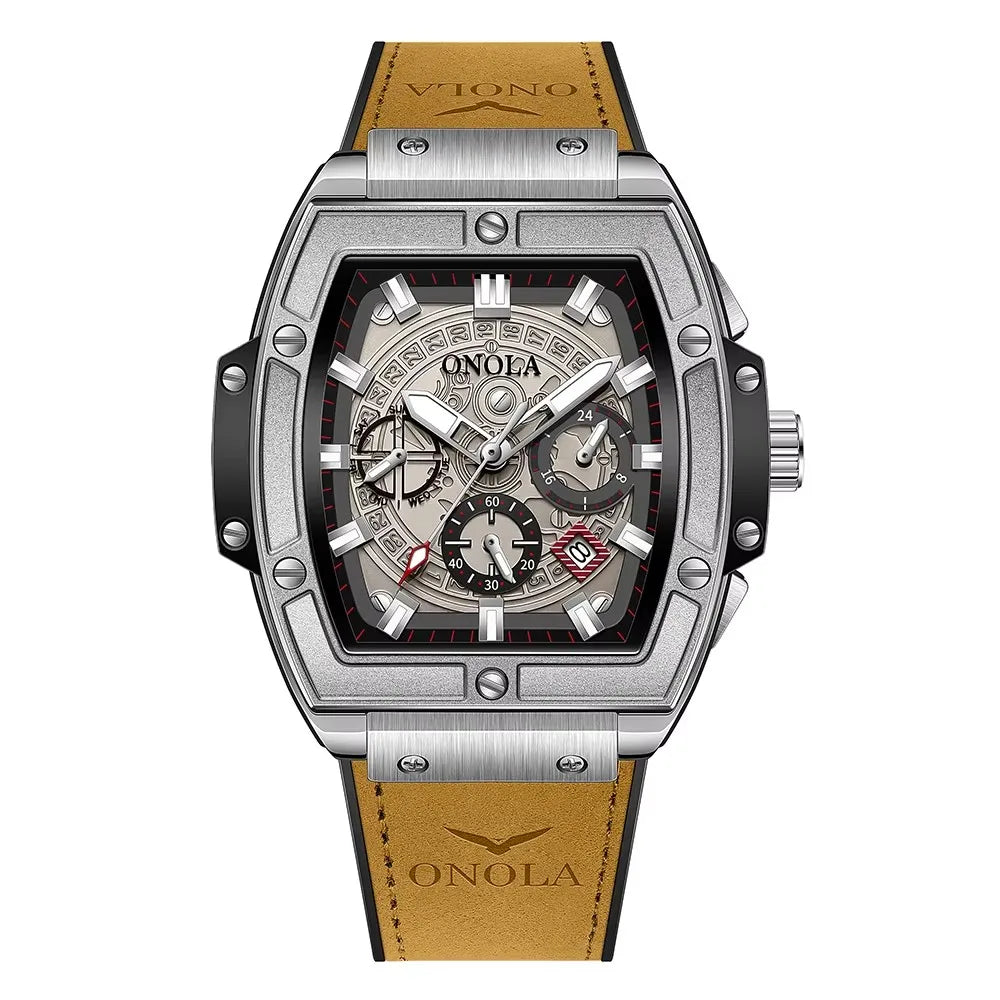 Onola 6819 Fashion Japan Quartz Watch Male Waterproof Sport Men's Wristwatches Clock Glass Genuine Leather Alloy Tonneau Watches