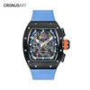 Luxury Men's Carbon Tonneau Mechanical Watches  Sapphire Crystal Watch Glasswith Luminous Hands and Transparent Movement Back