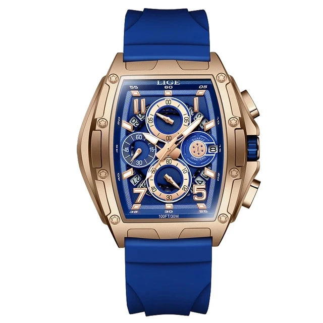 LIGE 89110 Silicone Band Sport Gold Blue Strap Fashion Mens Watches Top Luxury New 30m Waterproof Quartz Movement Watch for Men