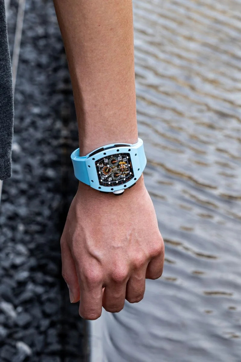 Luxury Men's Carbon Tonneau Mechanical Watches  Sapphire Crystal Watch Glasswith Luminous Hands and Transparent Movement Back