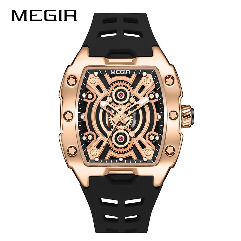 Megir 8116G 8116 Fashion Luxury Men's Luminous Analog Silicone Strap Quartz Watches Tonneau Dial Waterproof Wrist Watch for Men