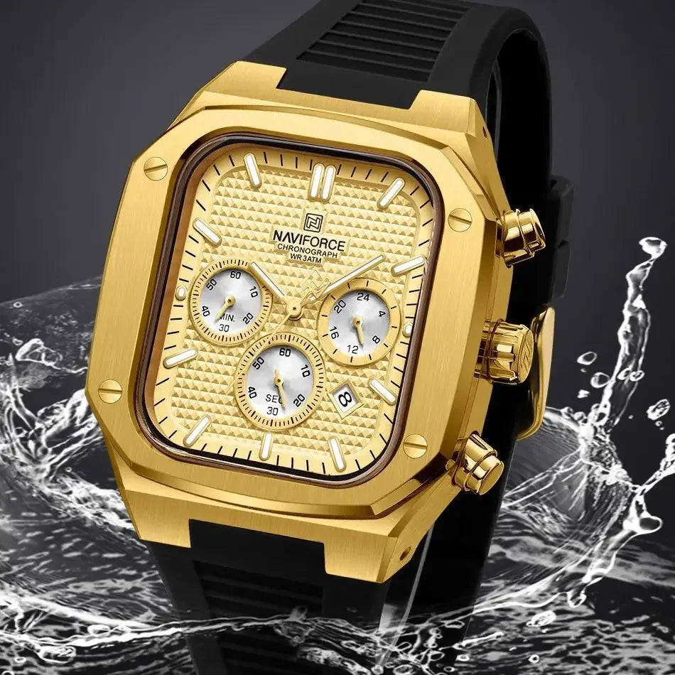 NAVIFROCE 8032 New Square Multifunction Dial Waterproof Mens Sport Quartz Watches Silicone Strap Fashion Gold Watch for Men
