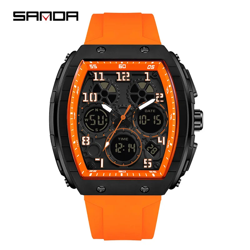 Sanda 6157 Men Sports Luxury Digital Wrist Watch Dual Display Chronograph with Luminous Silicone Band 51mm Band Width Dropship
