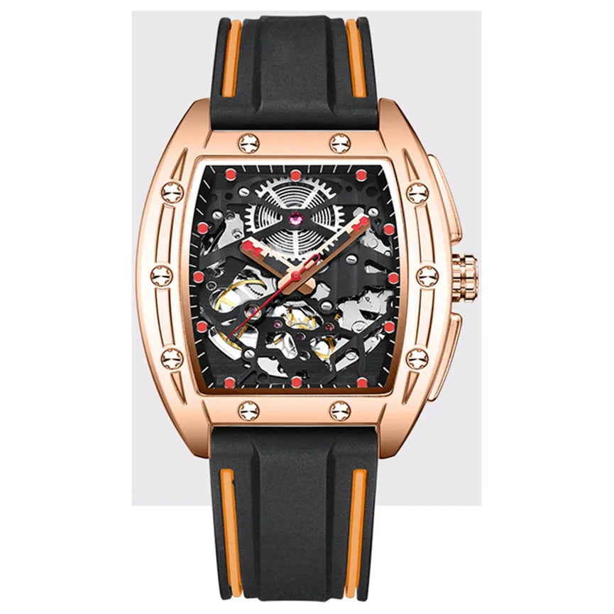 Factory Bulk Custom Stainless Steel Barrel Case Skeleton Flywheel Men Automatic Mechanical Watch