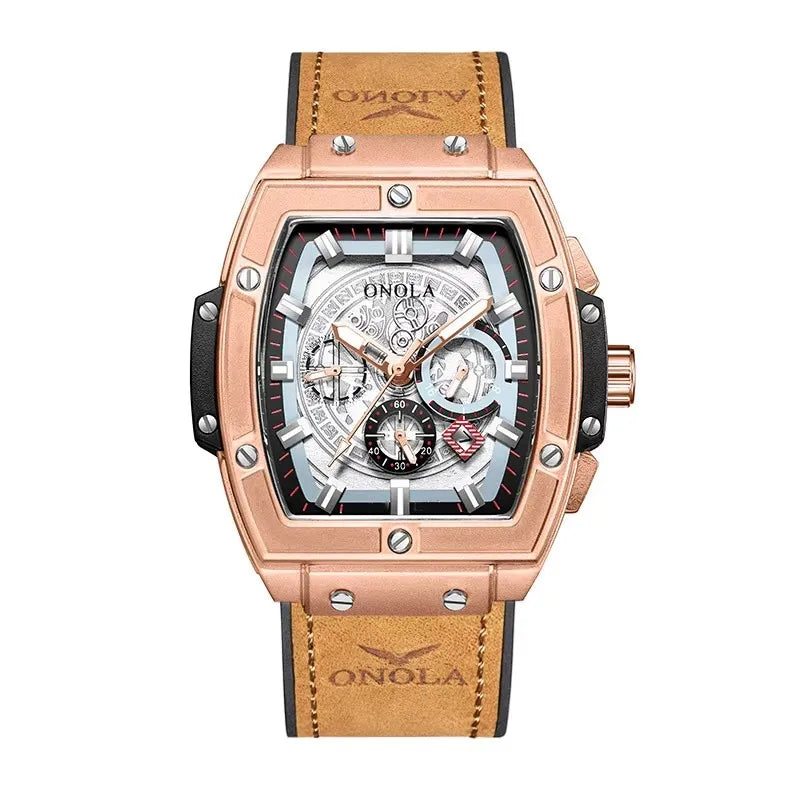 Onola 6819 Fashion Japan Quartz Watch Male Waterproof Sport Men's Wristwatches Clock Glass Genuine Leather Alloy Tonneau Watches