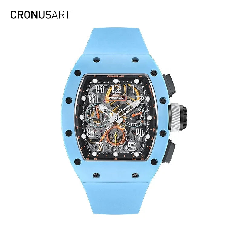 Luxury Men's Carbon Tonneau Mechanical Watches  Sapphire Crystal Watch Glasswith Luminous Hands and Transparent Movement Back