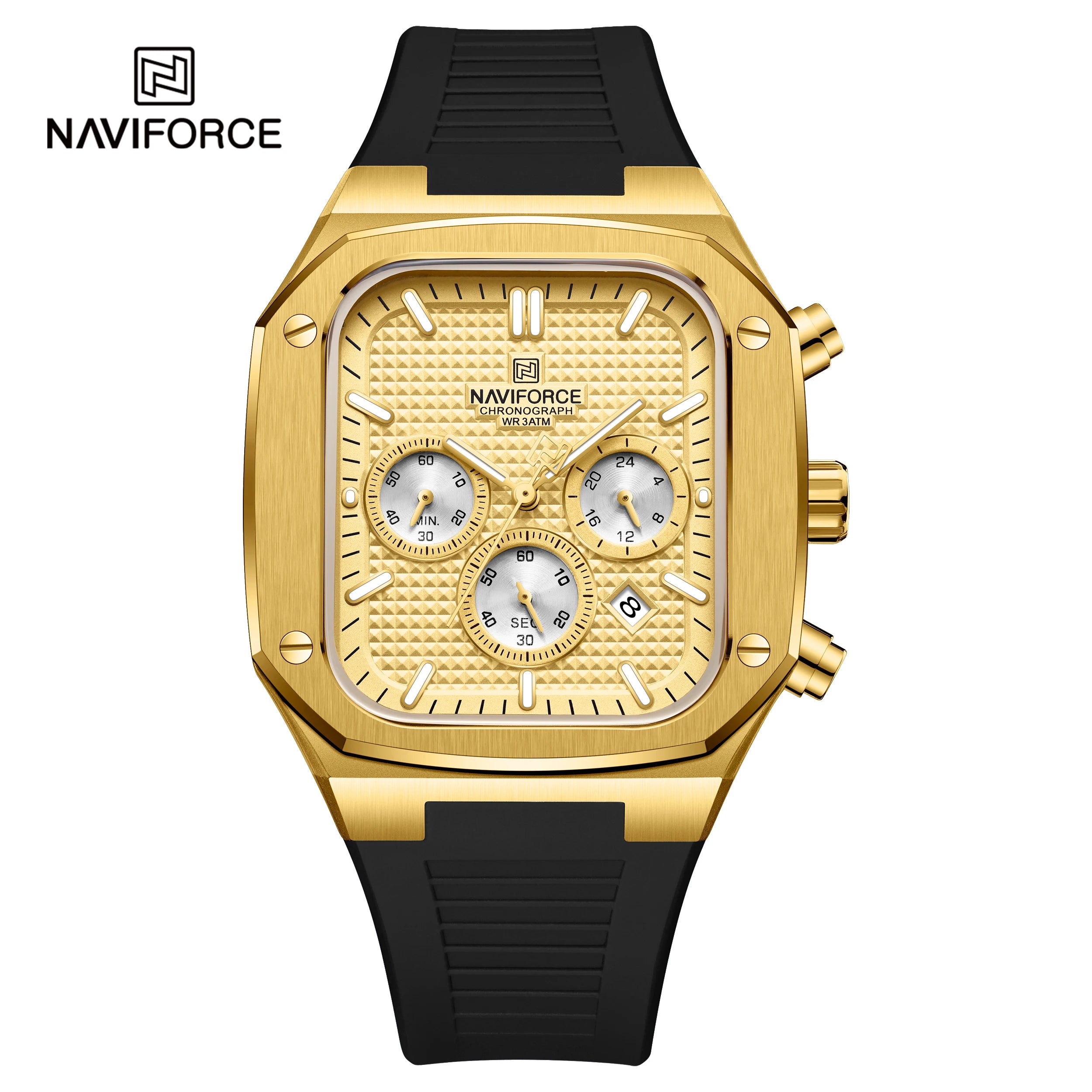 NAVIFROCE 8032 New Square Multifunction Dial Waterproof Mens Sport Quartz Watches Silicone Strap Fashion Gold Watch for Men