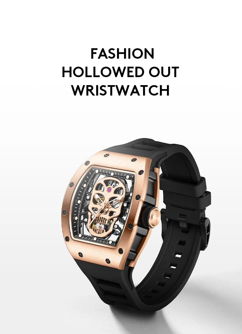 Men's Unique Tonneau Casual Wristwatch with Soft Silicon Band Hollow Analog  Sport Watch