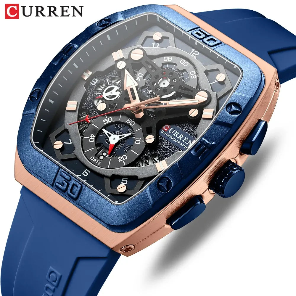 CURREN 8443 Brand Men Unique Tonneau Watches Large Dial Casual Quartz Silicone Strap Wrist Watches With Luminous for Male