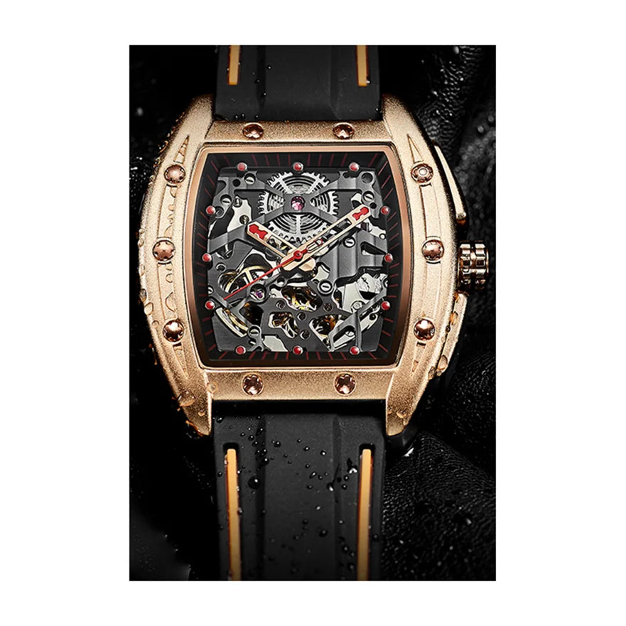 Factory Bulk Custom Stainless Steel Barrel Case Skeleton Flywheel Men Automatic Mechanical Watch