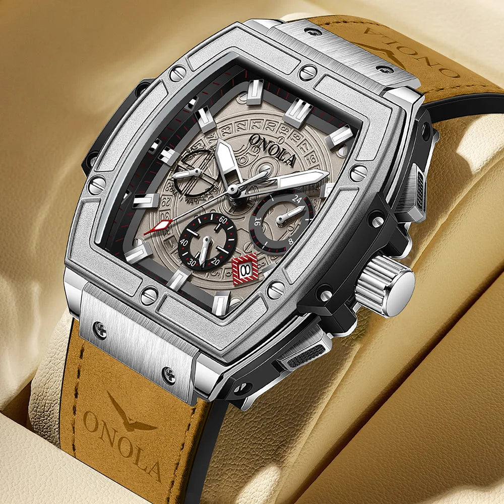 Onola 6819 Fashion Japan Quartz Watch Male Waterproof Sport Men's Wristwatches Clock Glass Genuine Leather Alloy Tonneau Watches