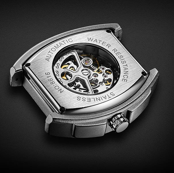 Factory Bulk Custom Stainless Steel Barrel Case Skeleton Flywheel Men Automatic Mechanical Watch