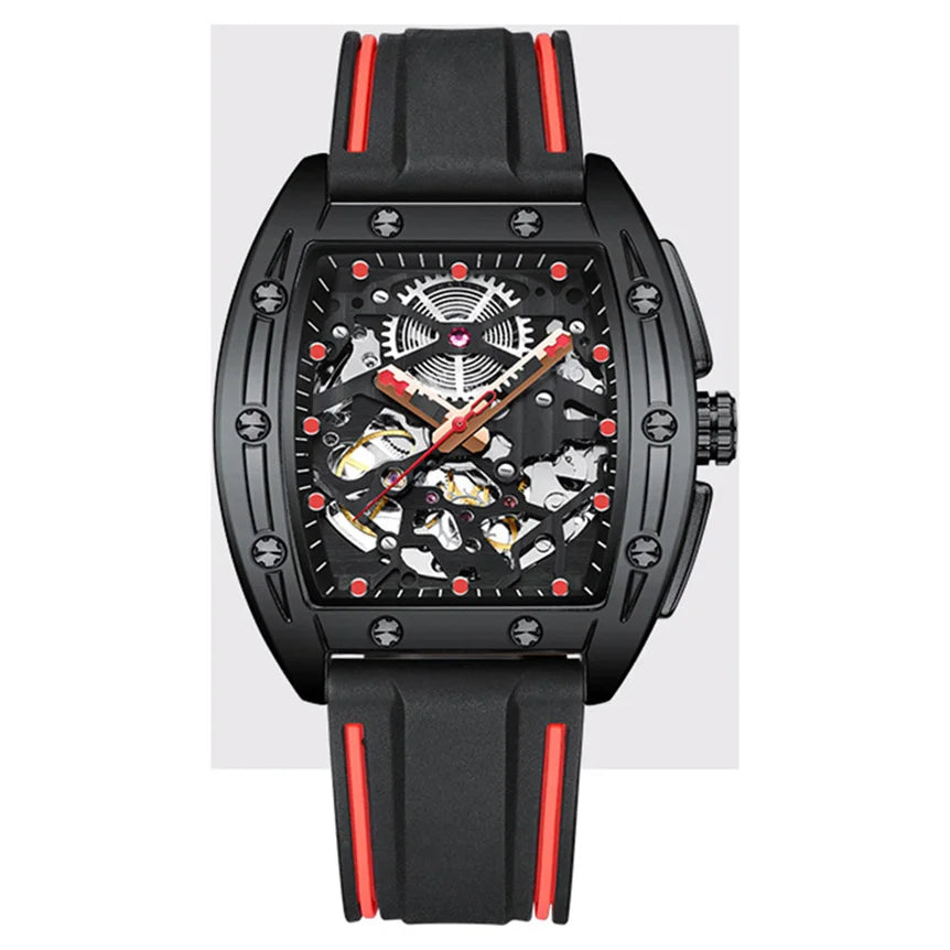 Factory Bulk Custom Stainless Steel Barrel Case Skeleton Flywheel Men Automatic Mechanical Watch