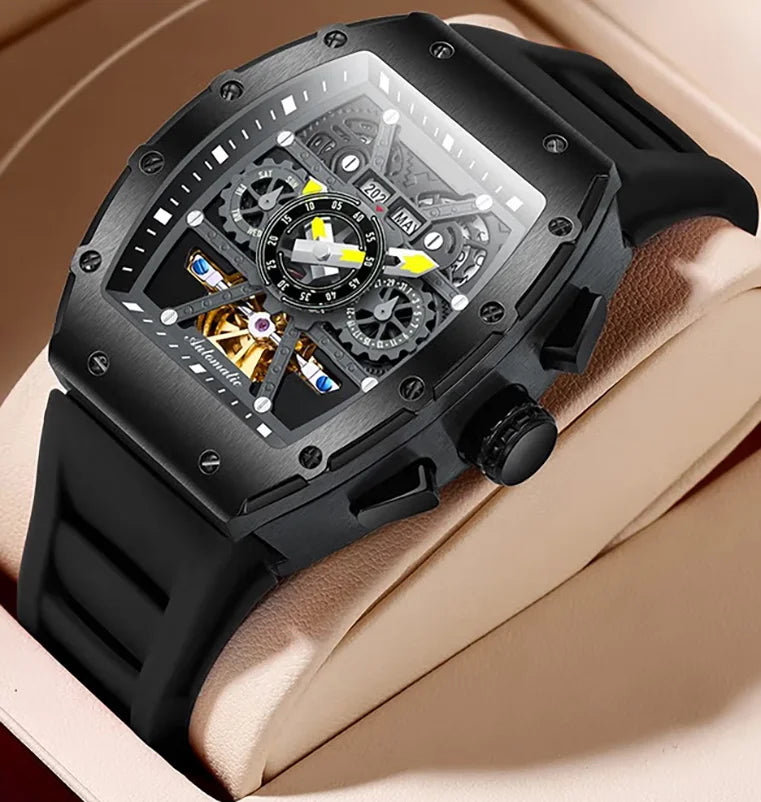 Latest Stainless Steel Barrel Case Skeleton Calendar Luminous Men Automatic Mechanical Watch