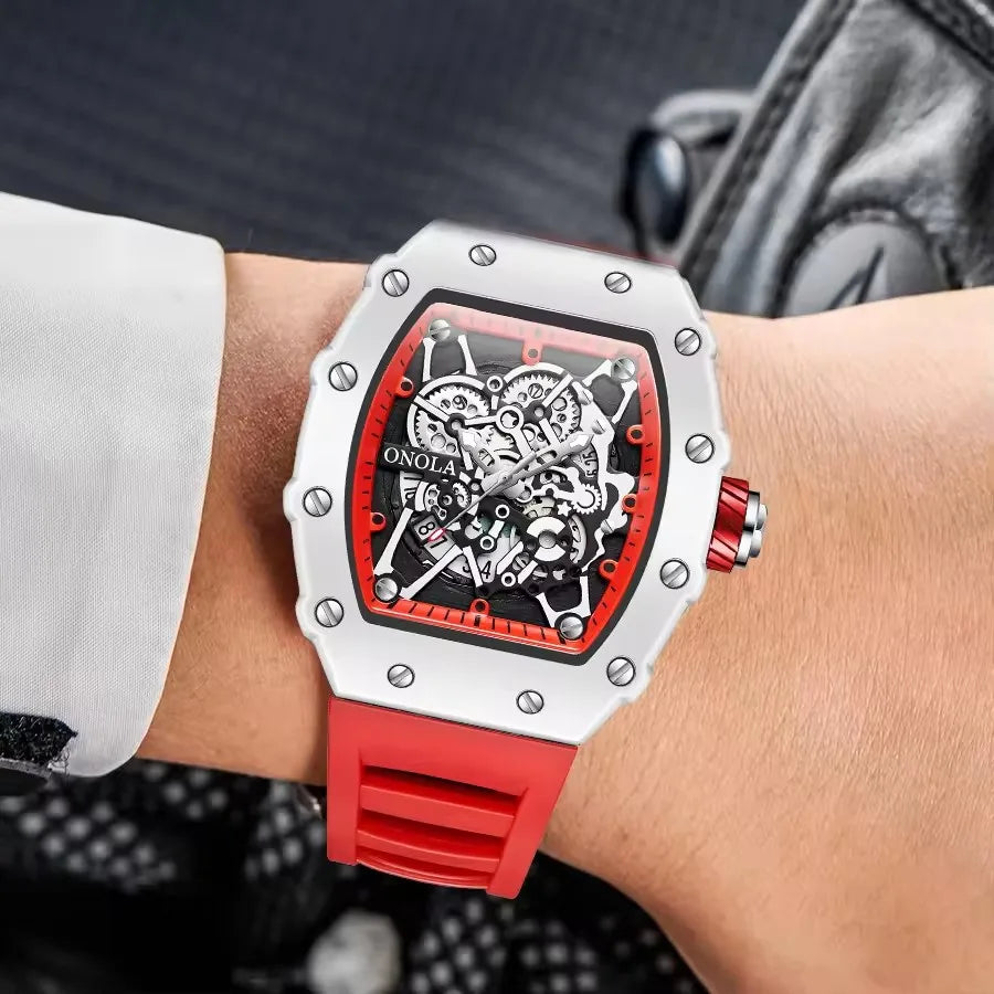 ONOLA 3827W Luminous Night Light Chronograph Original Japan Quartz Silicone Strap Sports Transparent Watch for Men Wrist Watches