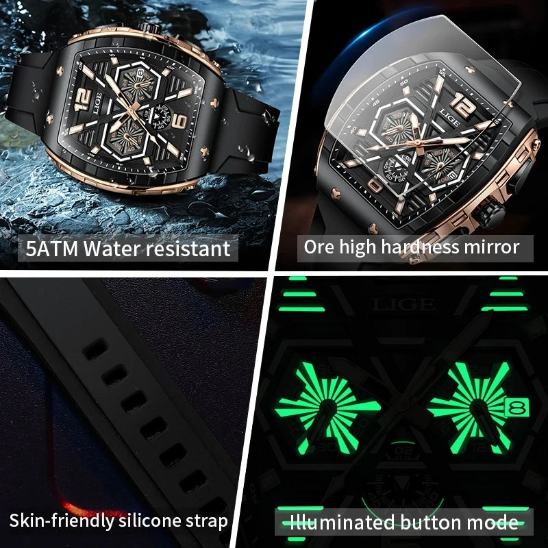 Lige 89108 LG89108 Square Auto Date Calendar Luminoius New Fashion Casual Watch Silicone Strap Waterproof Quartz Watches for Men