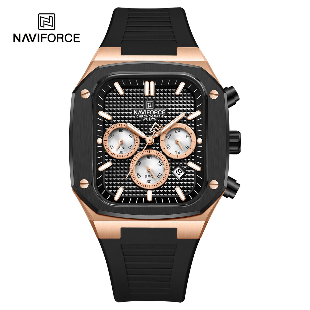 NAVIFROCE 8032 New Square Multifunction Dial Waterproof Mens Sport Quartz Watches Silicone Strap Fashion Gold Watch for Men