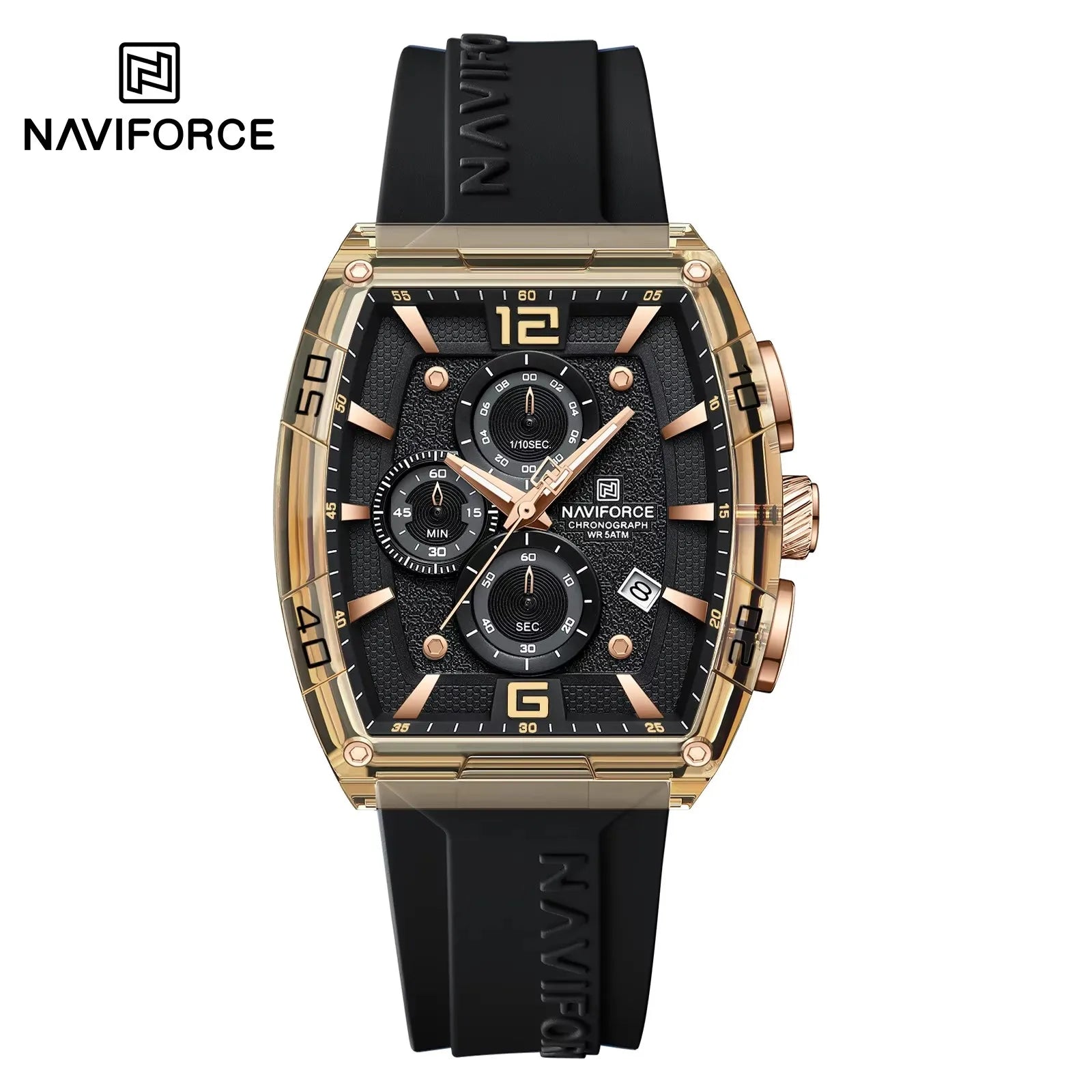 NAVIFORCE 6101 Men's Quartz Watch Casual Outdoor Sports Fashion Tonneau Dial Luminous Waterproof Silicone Strap Luxury