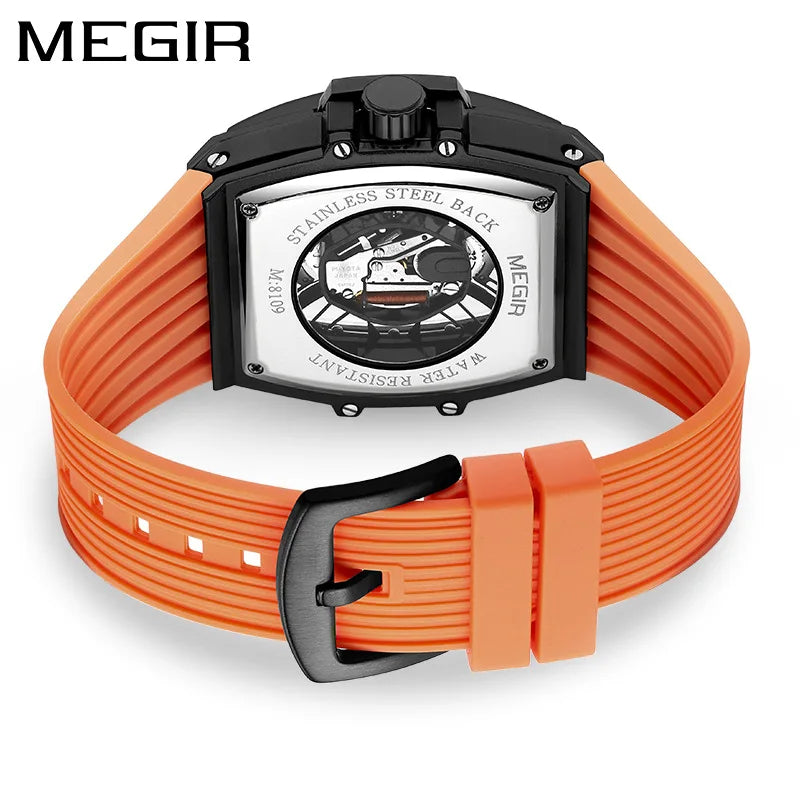 MEGIR 8109G Waterproof Tonneau Wristwatch Silicone Strap 8109 Quartz Watch Men Luminous Hands Alloy Case Fashion Male Watches