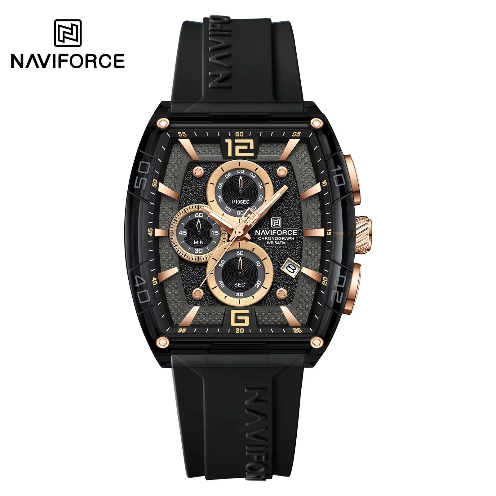 NAVIFORCE 6101 Men's Quartz Watch Casual Outdoor Sports Fashion Tonneau Dial Luminous Waterproof Silicone Strap Luxury