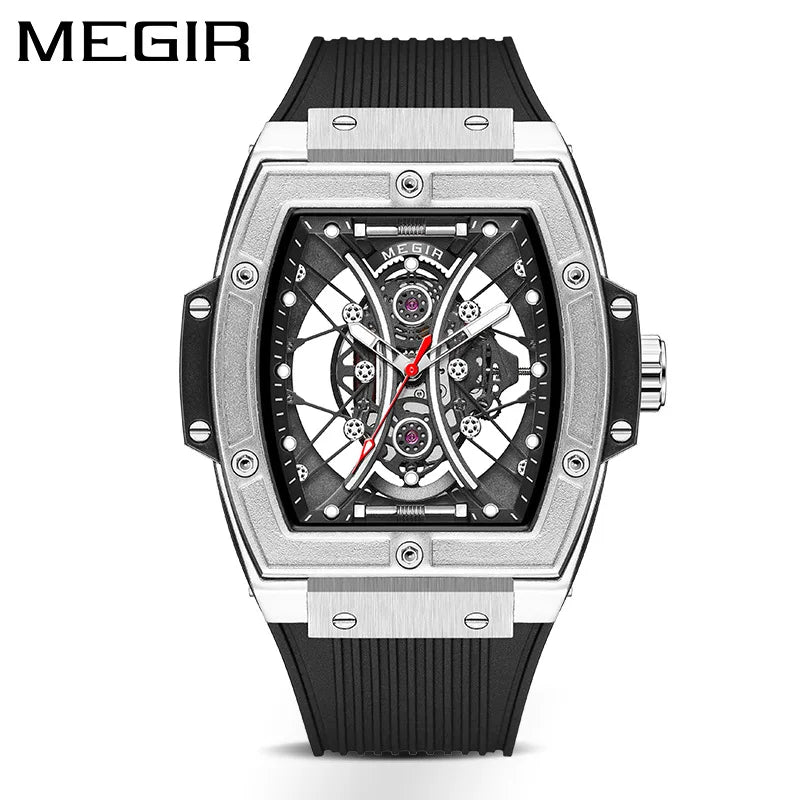 MEGIR 8109G Waterproof Tonneau Wristwatch Silicone Strap 8109 Quartz Watch Men Luminous Hands Alloy Case Fashion Male Watches
