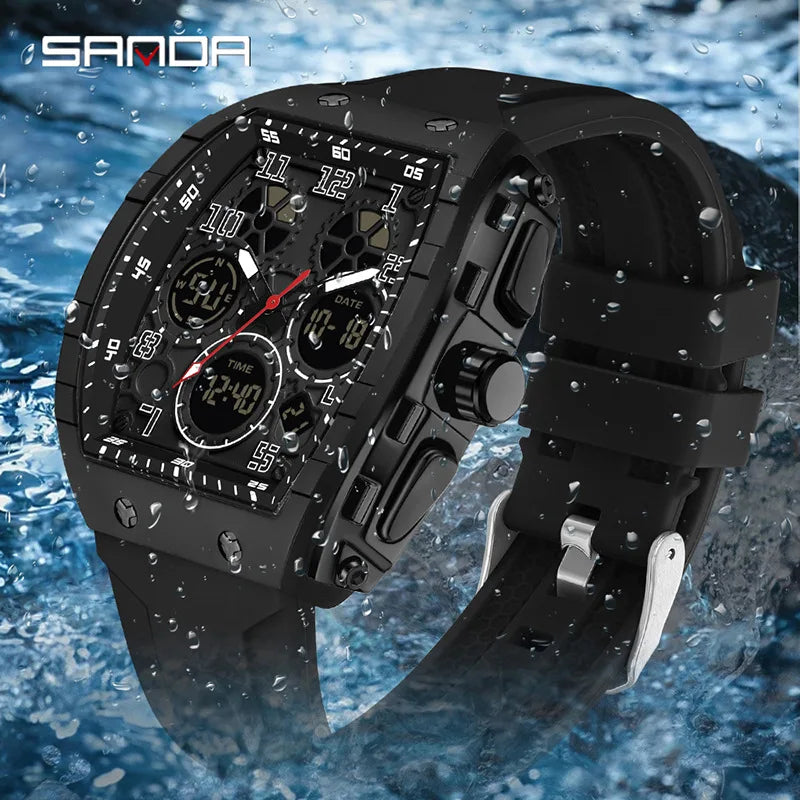 Sanda 6157 Men Sports Luxury Digital Wrist Watch Dual Display Chronograph with Luminous Silicone Band 51mm Band Width Dropship