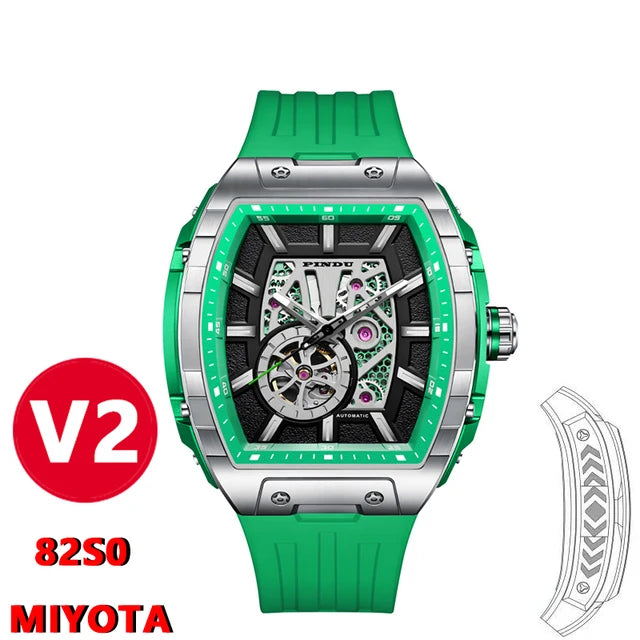 Pindu Design V2 Luxury Men's Automatic Mechanical Watch 120 Click Miyota 82S0 AR Sapphire Glass Analog Tonneau Business Style