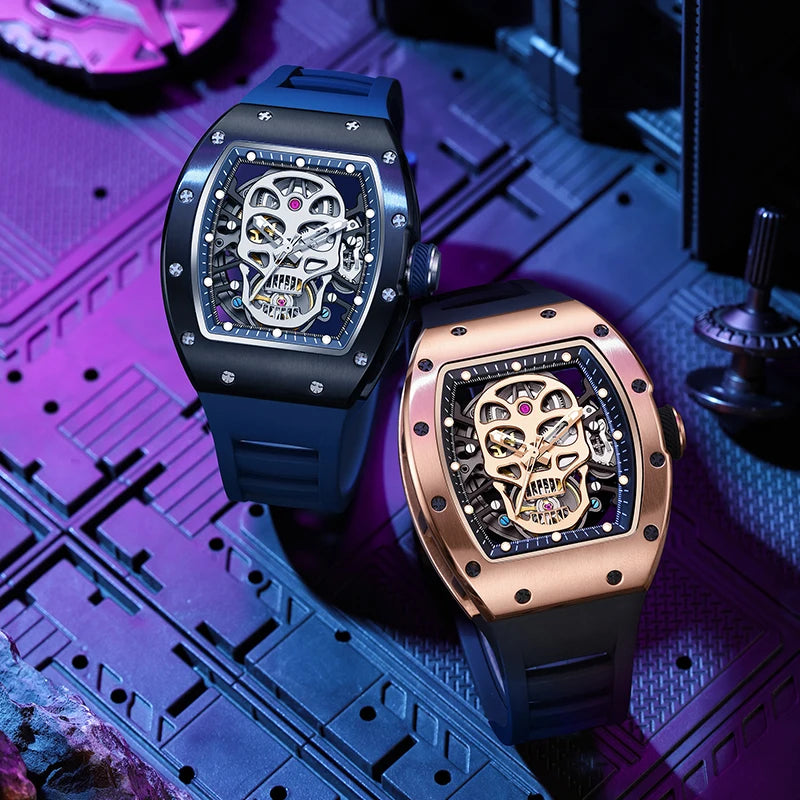 CHANCE JC-9-190G-7 Carbon Fiber Luxury Hollow Dial Automatic Watches Waterproof Luminous Silicone Strap Men Mechanical Watch