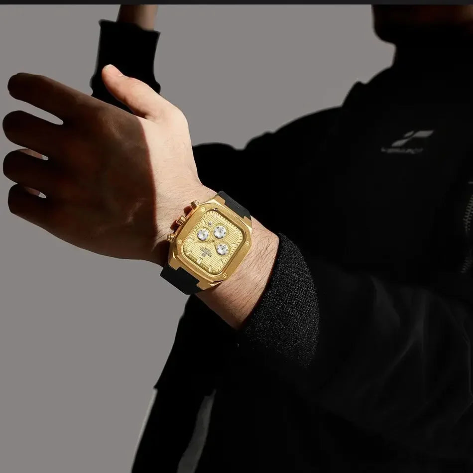 NAVIFROCE 8032 New Square Multifunction Dial Waterproof Mens Sport Quartz Watches Silicone Strap Fashion Gold Watch for Men