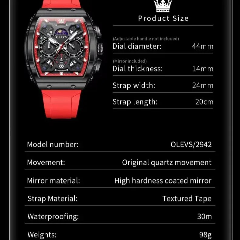 OLEVS 2942 Watch for Men Multifunction Sport Chronograph Waterproof Silicone Strap Quartz Mens Watches Luxury Black Wristwatches