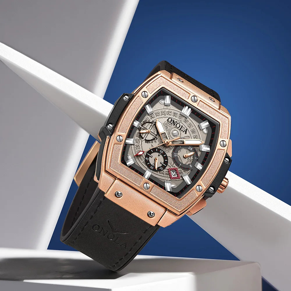 Onola 6819 Fashion Japan Quartz Watch Male Waterproof Sport Men's Wristwatches Clock Glass Genuine Leather Alloy Tonneau Watches