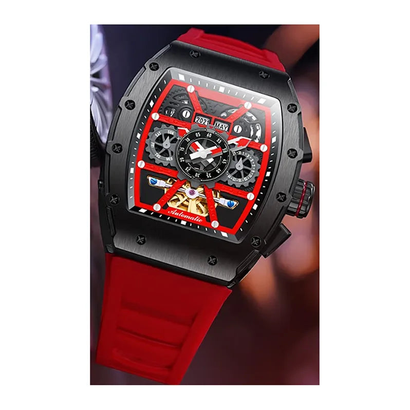 Latest Stainless Steel Barrel Case Skeleton Calendar Luminous Men Automatic Mechanical Watch