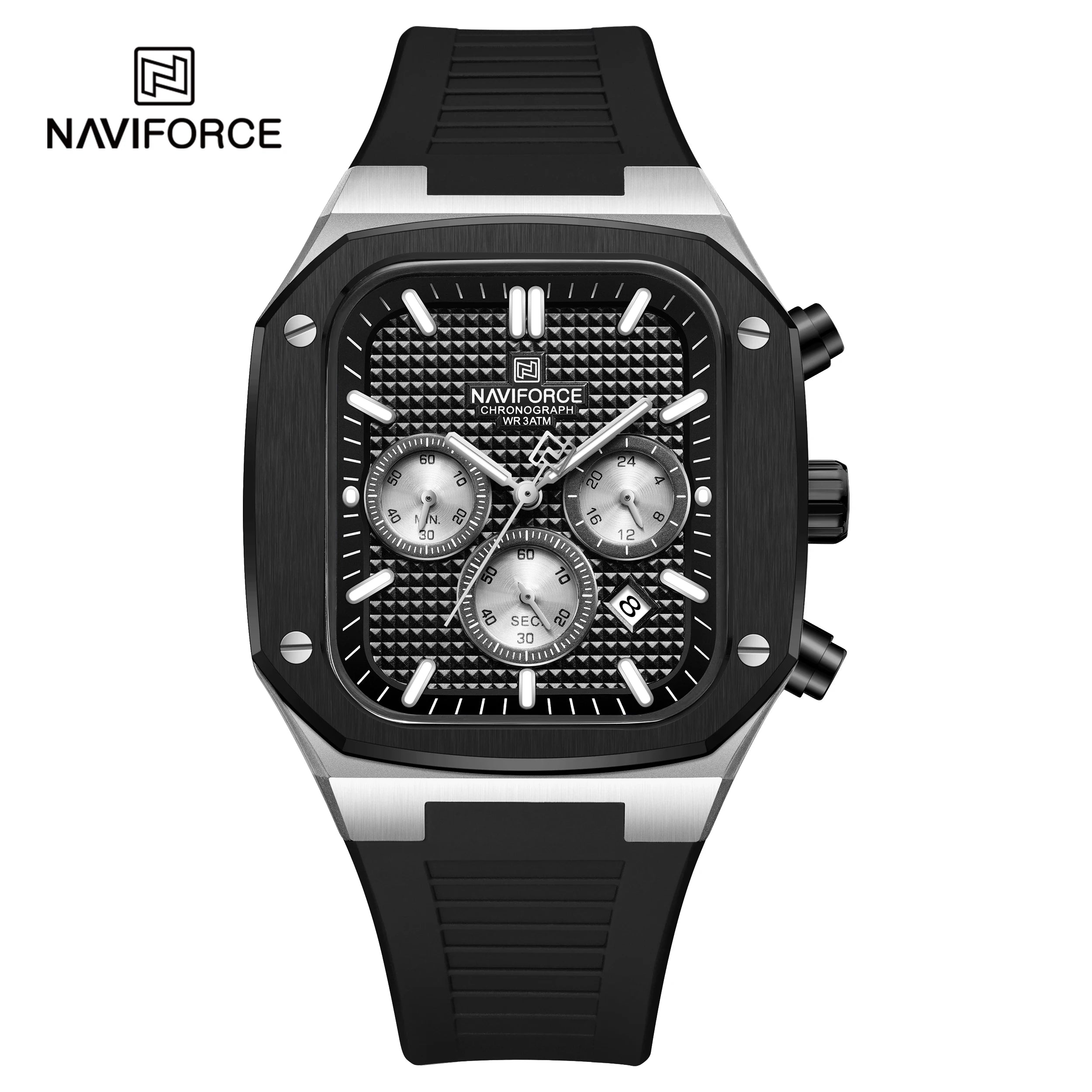 NAVIFROCE 8032 New Square Multifunction Dial Waterproof Mens Sport Quartz Watches Silicone Strap Fashion Gold Watch for Men