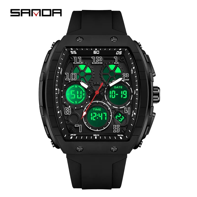 Sanda 6157 Men Sports Luxury Digital Wrist Watch Dual Display Chronograph with Luminous Silicone Band 51mm Band Width Dropship
