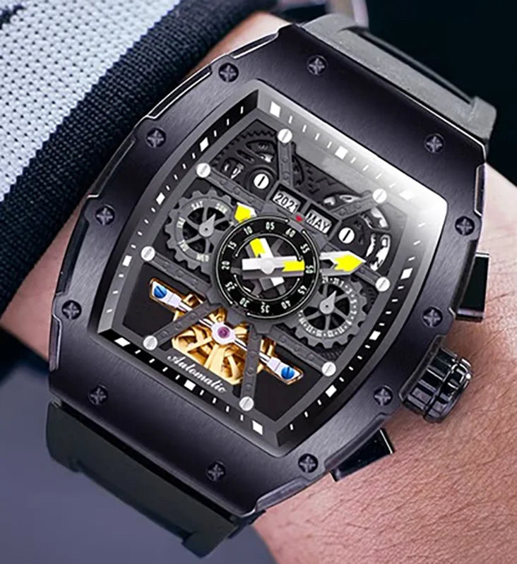 Latest Stainless Steel Barrel Case Skeleton Calendar Luminous Men Automatic Mechanical Watch