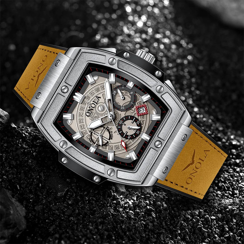 Onola 6819 Fashion Japan Quartz Watch Male Waterproof Sport Men's Wristwatches Clock Glass Genuine Leather Alloy Tonneau Watches