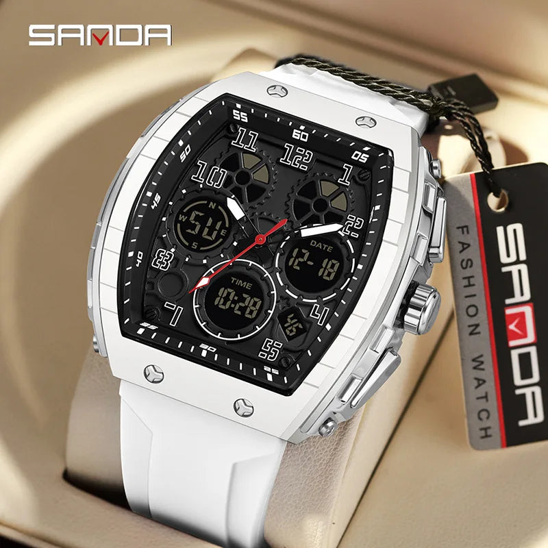 Sanda 6157 Men Sports Luxury Digital Wrist Watch Dual Display Chronograph with Luminous Silicone Band 51mm Band Width Dropship