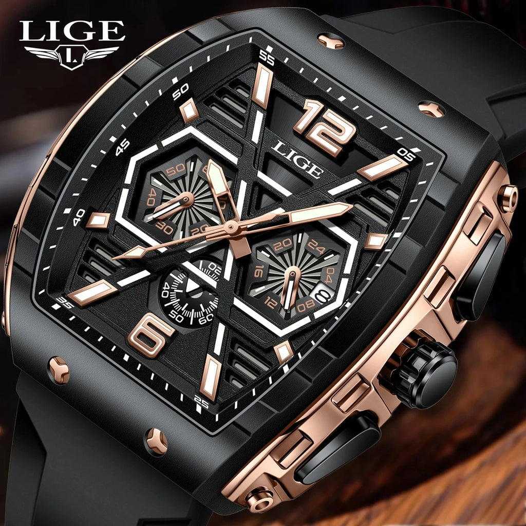 Lige 89108 LG89108 Square Auto Date Calendar Luminoius New Fashion Casual Watch Silicone Strap Waterproof Quartz Watches for Men