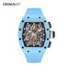 Luxury Men's Carbon Tonneau Mechanical Watches  Sapphire Crystal Watch Glasswith Luminous Hands and Transparent Movement Back