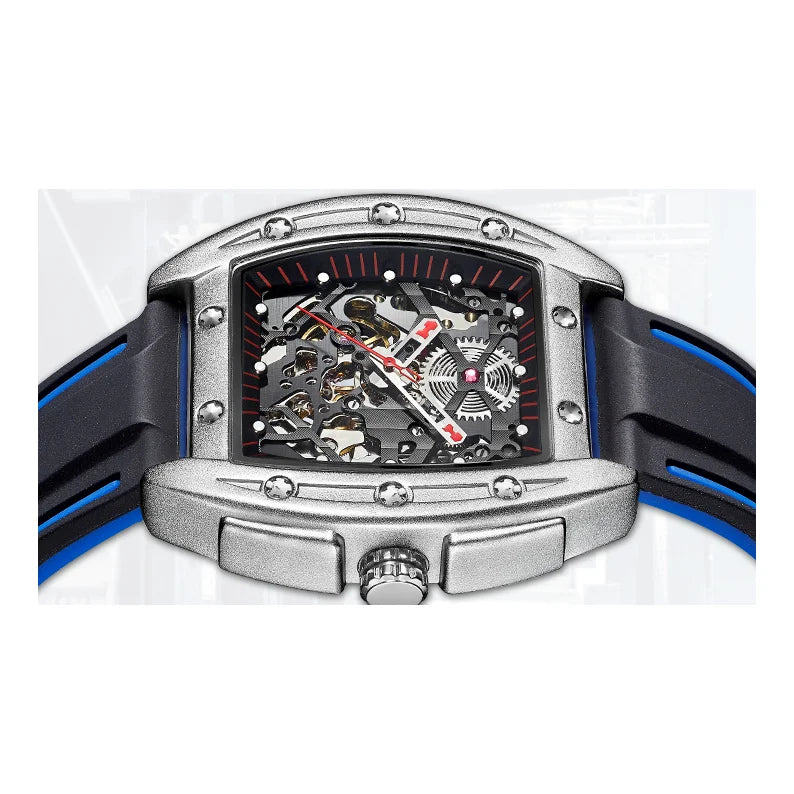 Factory Bulk Custom Stainless Steel Barrel Case Skeleton Flywheel Men Automatic Mechanical Watch