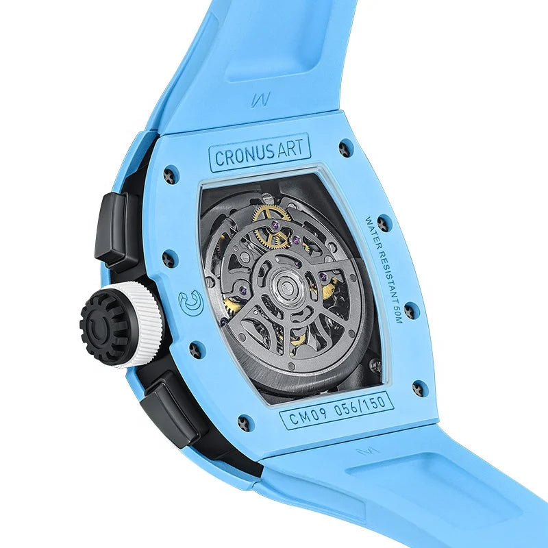 Luxury Men's Carbon Tonneau Mechanical Watches  Sapphire Crystal Watch Glasswith Luminous Hands and Transparent Movement Back