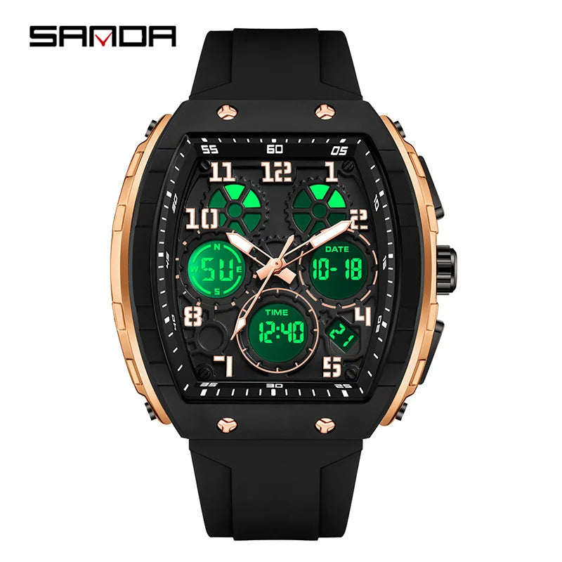 Sanda 6157 Men Sports Luxury Digital Wrist Watch Dual Display Chronograph with Luminous Silicone Band 51mm Band Width Dropship