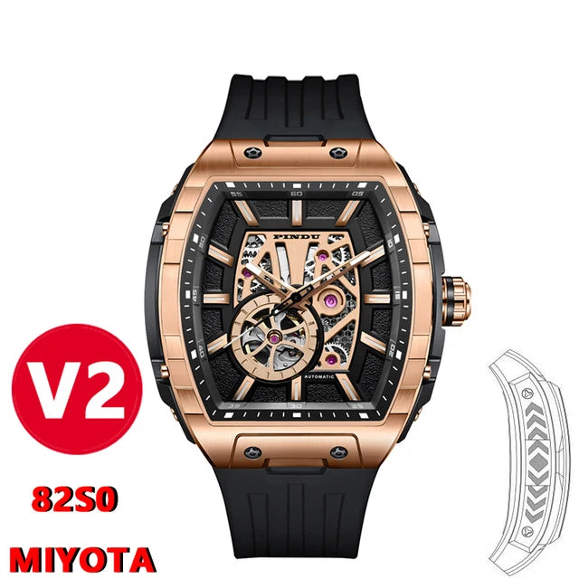 Pindu Design V2 Luxury Men's Automatic Mechanical Watch 120 Click Miyota 82S0 AR Sapphire Glass Analog Tonneau Business Style
