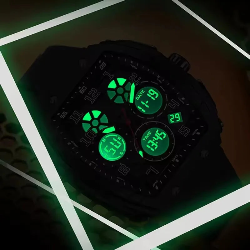 Sanda 6157 Men Sports Luxury Digital Wrist Watch Dual Display Chronograph with Luminous Silicone Band 51mm Band Width Dropship