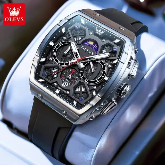 OLEVS 2942 Watch for Men Multifunction Sport Chronograph Waterproof Silicone Strap Quartz Mens Watches Luxury Black Wristwatches