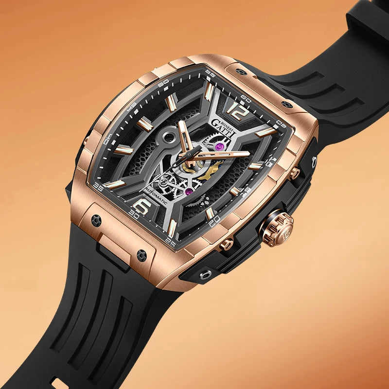 Bonest Gatti Luxury Big Skeleton Dial Mens Watch Moon Phase Tourbillon Rubber Men Automatic Watches