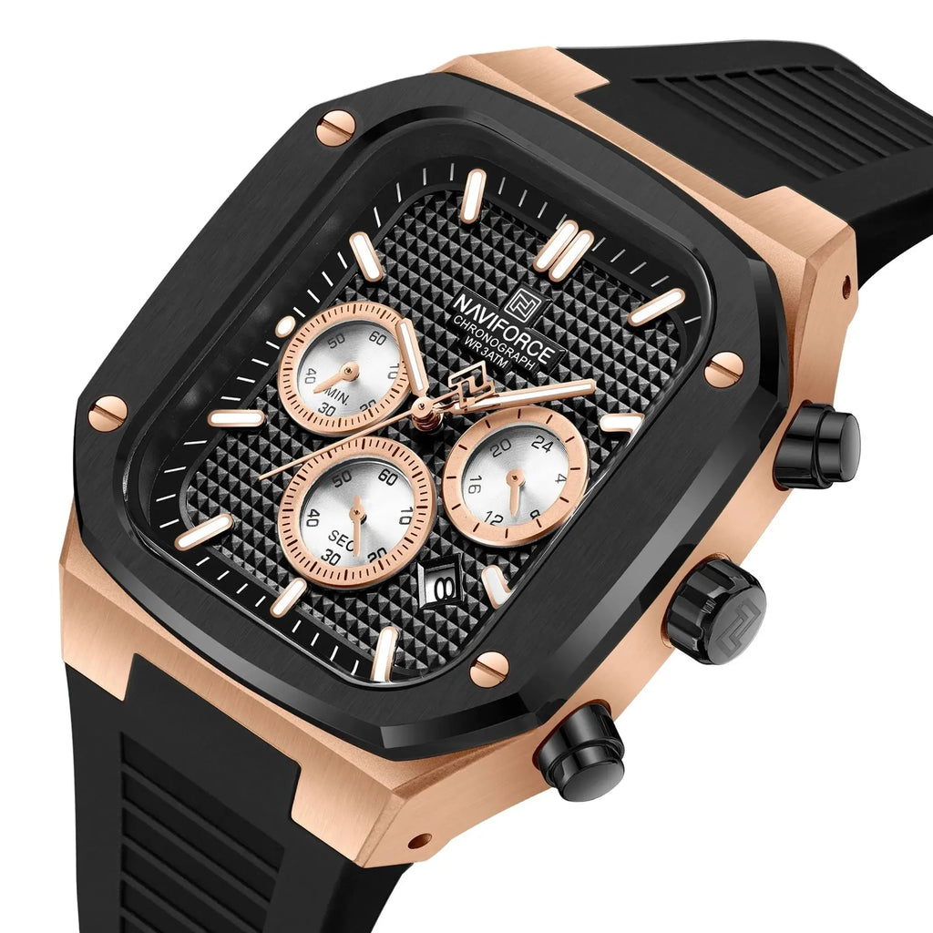NAVIFROCE 8032 New Square Multifunction Dial Waterproof Mens Sport Quartz Watches Silicone Strap Fashion Gold Watch for Men
