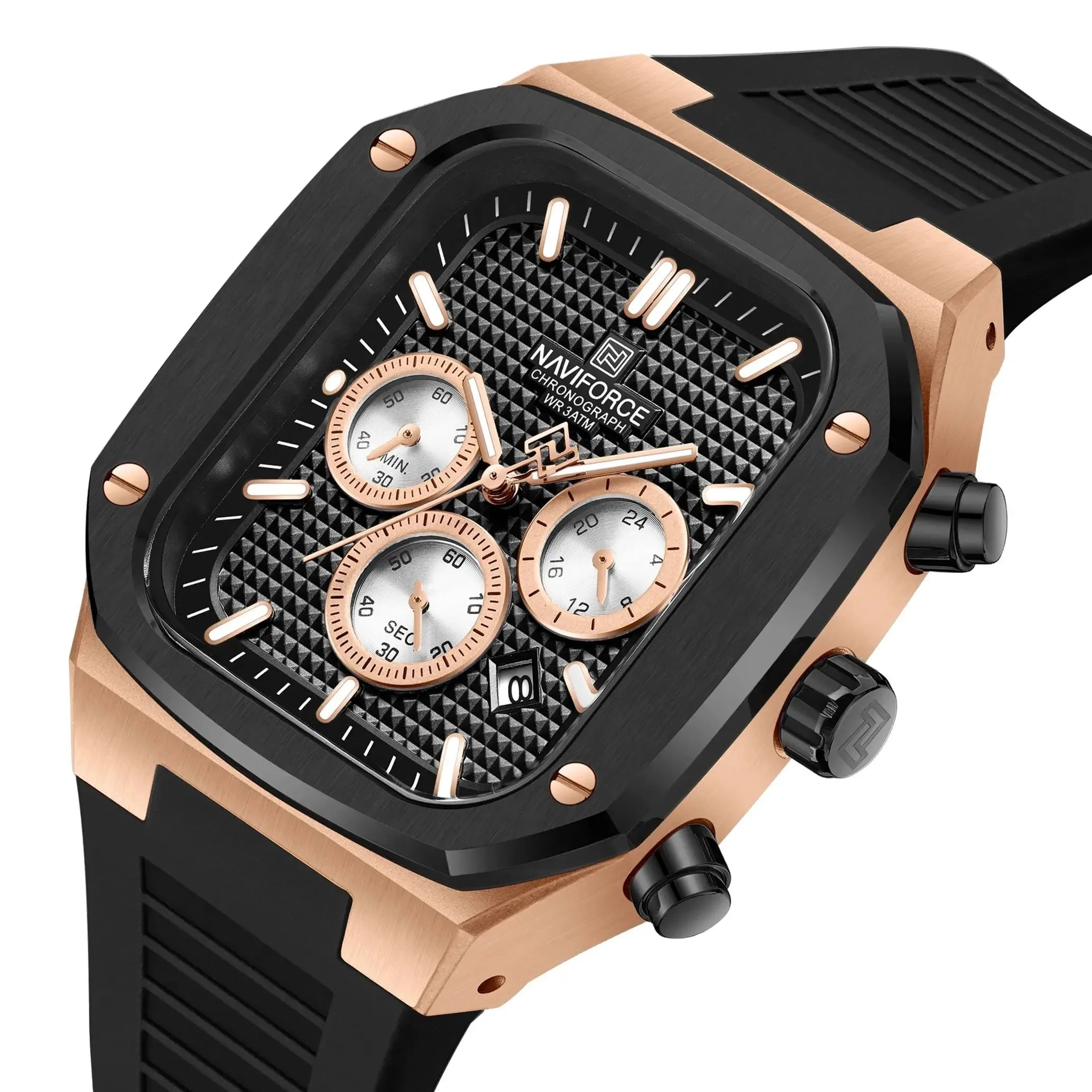 NAVIFROCE 8032 New Square Multifunction Dial Waterproof Mens Sport Quartz Watches Silicone Strap Fashion Gold Watch for Men